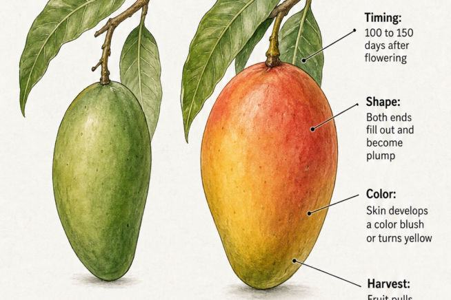 Timeline showing early, mid, and late season mango harvest times with corresponding varieties