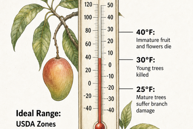 Illustration of a thermometer showing ideal mango tree climate zones and temperature tolerances