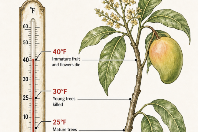 Temperature scale showing mango tree cold tolerance, indicating damage to flowers, young trees, and mature trees at freezing temperatures.