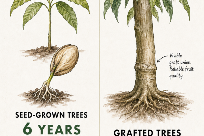 Illustration comparing seed-grown mango trees taking 6 years to fruit versus grafted mango trees taking 3 to 5 years.