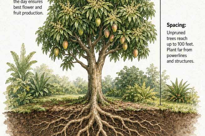 Botanical illustration of a mango tree showing ideal sunlight, spacing, and soil conditions
