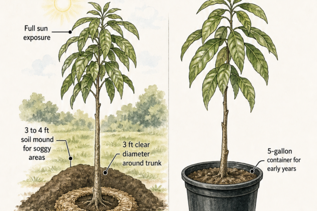 Illustration comparing in-ground and container planting setups for a mango tree, showing soil mounds, mulch, and pot drainage.