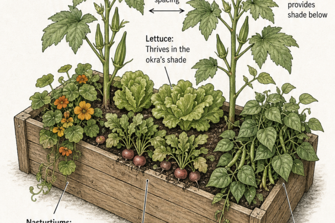 Isometric illustration of a wooden planter box showing okra spaced 18 to 24 inches apart, interplanted with lettuce, radishes, nasturtiums, and bush beans.