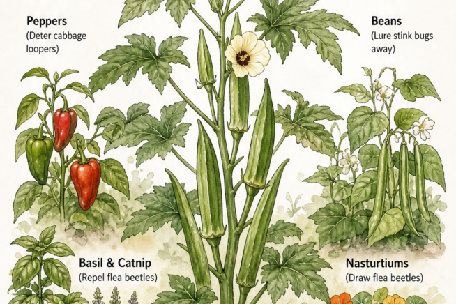 Botanical illustration showing okra surrounded by companion plants like peppers, basil, beans, and nasturtiums for pest defense.