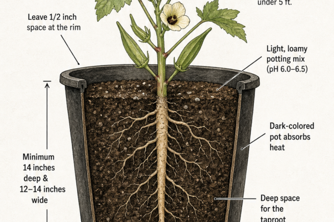 Botanical cross-section illustration showing a dwarf okra plant in a dark container with a deep taproot, loamy potting mix, and gravel drainage layer.