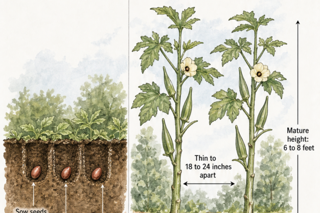 Illustration showing okra garden spacing from sowing seeds to mature plants
