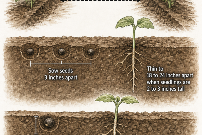 Cross-section of a garden bed showing okra planting depths and spacing: rows 2 to 3 feet apart, seeds sown 3 inches apart and 1/2 to 1 inch deep, and seedlings...
