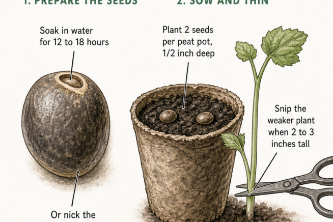 Botanical illustration showing how to prepare okra seeds by soaking or nicking, and planting them in peat pots to protect the taproot.