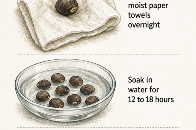 Three methods to prepare okra seeds for planting: wrapping in moist paper towels, soaking in water, or nicking the seed surface with a file.