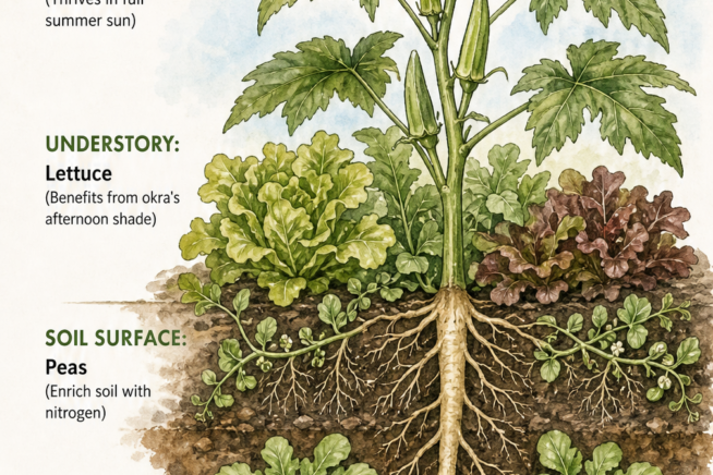 Cross-section illustration of an okra garden showing vertical layers with lettuce, peas, and radishes.