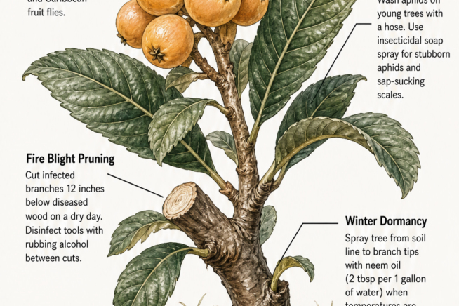 Botanical illustration of a mature loquat branch detailing organic care tips for fruit protection, pest control, fire blight pruning, and feeding.