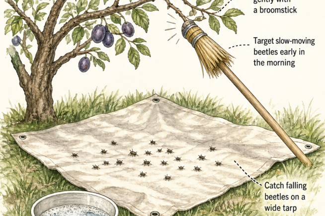 Illustration demonstrating how to organically remove plum curculio beetles by tapping tree branches over a tarp.