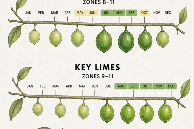 Illustrated harvest calendar showing peak picking months for Persian limes and Key limes, plus a note on sunburned yellow blotches.