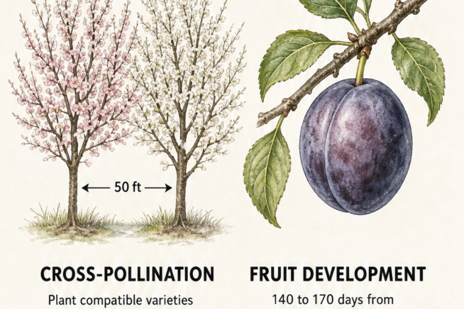 Illustration showing plum tree cross-pollination distance and fruit development timeline from bloom to harvest.