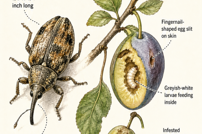 Illustration showing the physical characteristics of an adult plum curculio beetle and the damage it causes to young plums.