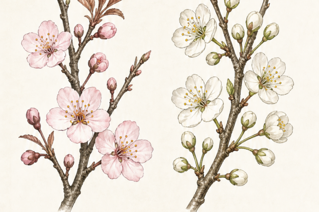 Botanical illustration comparing Japanese and European plum tree blooming seasons and chill hour requirements.
