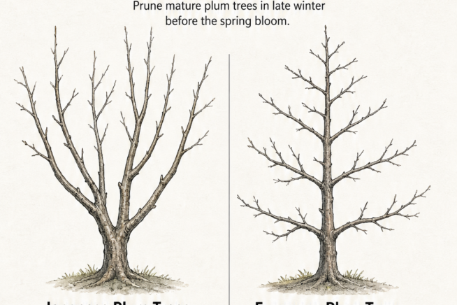 Sketches of Japanese and European plum tree silhouettes showing vase-shaped and central leader branch structures.