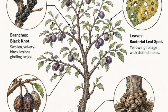 Botanical illustration showing common plum tree diseases like black knot, bacterial leaf spot, brown rot, and crown gall on different parts of the tree.