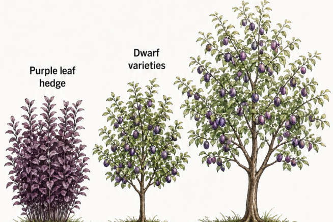 Illustration showing ideal growing conditions for a plum tree, including full sun, deep fertile soil, and watering guidelines.