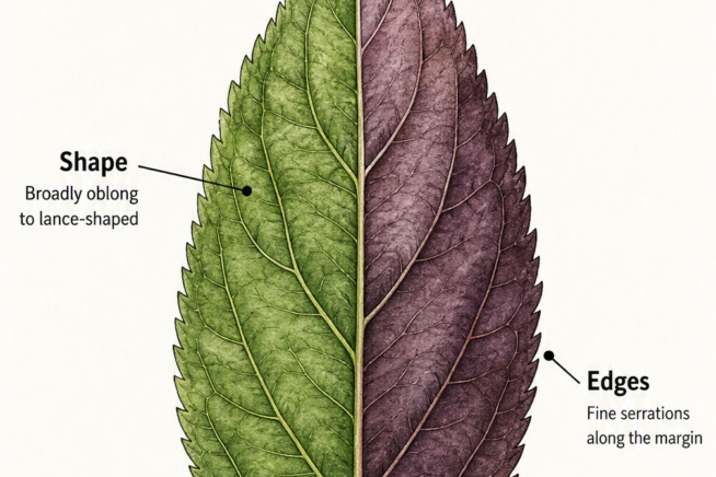Botanical illustration of a plum tree leaf showing its broadly oblong shape, pointed tip, fine serrations, and green to purple color variations.
