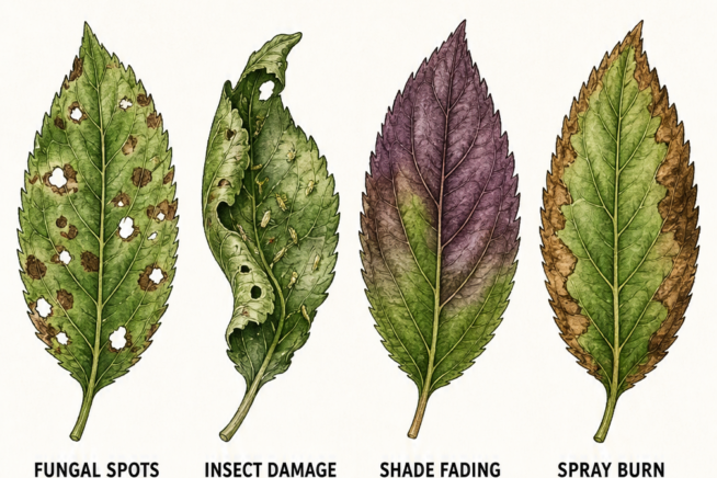 Illustrations of four common plum tree leaf problems: fungal spots with small holes, insect damage with distorted foliage, shade fading on purple leaves, and...