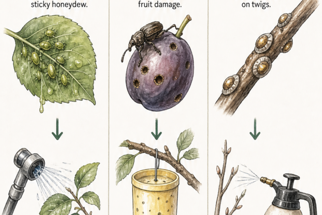Botanical sketches of plum tree pests including aphids, plum curculio, and scale, along with specific management actions for each.
