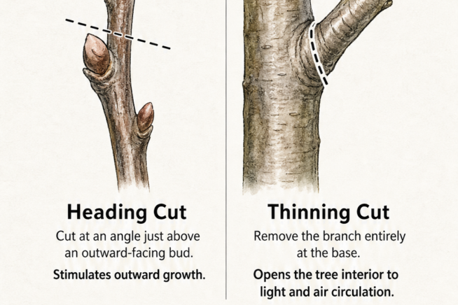 Illustration showing the difference between a heading cut and a thinning cut on a plum tree branch.