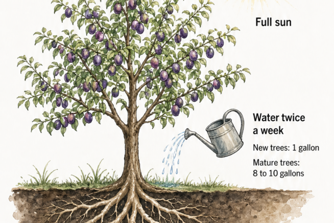 Illustration comparing the spacing requirements for purple leaf hedge, dwarf, and full-sized plum trees.