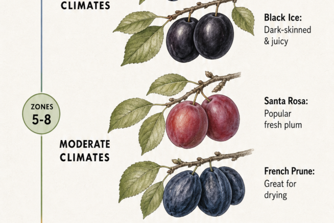 Botanical illustration showing plum varieties suitable for USDA hardiness zones 3 through 10, categorized by cold, moderate, and warm climates.