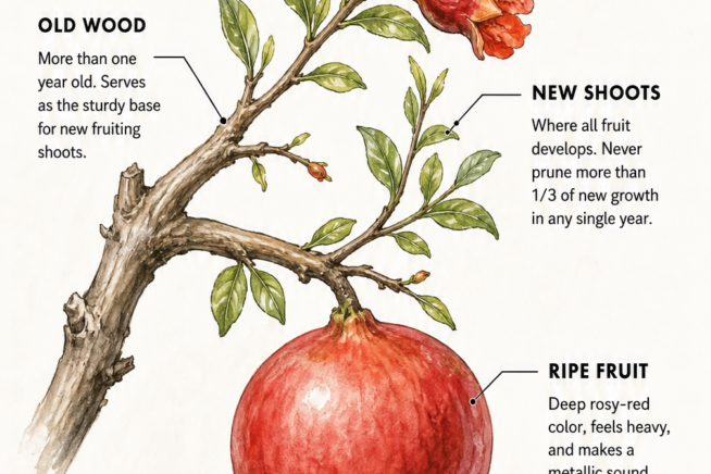 Botanical illustration of a pomegranate branch showing old wood, new green shoots, and a ripe red fruit.