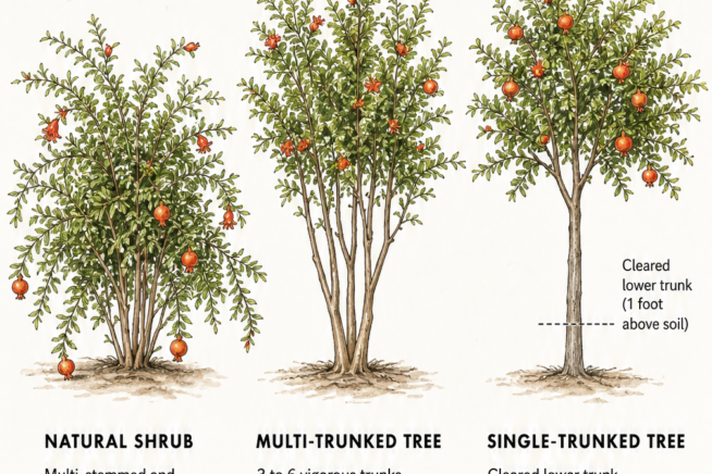 Botanical illustration comparing three pomegranate growth forms: a natural shrub, a multi-trunked tree, and a single-trunked tree.