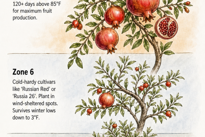 Botanical illustration showing pomegranate hardiness zones from zone 8 to 11 down to zone 5 with container growing tips