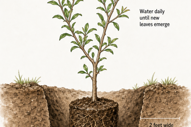 Botanical cross-section illustration showing a pomegranate seedling planted in well-draining sandy loam soil with a 2-foot wide and deep hole.