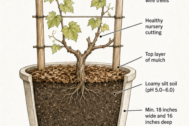 Cross-section illustration of a potted grape vine showing a trellis, mulch, loamy silt soil, and a bottom rock layer for drainage.