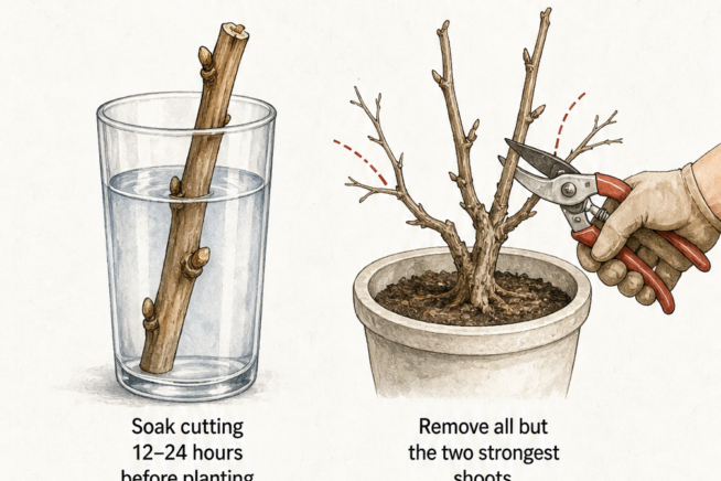 Illustration showing a grape cutting soaking in water before planting, and a winter vine being pruned down to two main shoots.