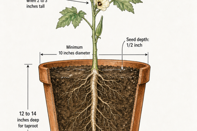 Cross-section illustration of an okra plant growing in a terracotta pot showing taproot depth