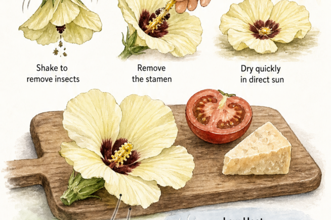 Watercolor illustration demonstrating how to clean and prepare edible okra flowers for cooking.