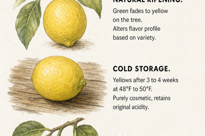 Watercolor illustrations showing three reasons limes turn yellow: natural ripening, cold storage, and sunburn.
