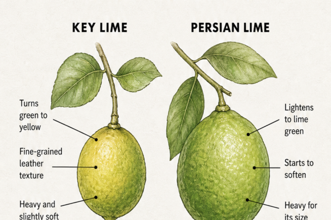 Botanical illustration comparing a ripe Key lime and a Persian lime with text explaining color, texture, and firmness changes.