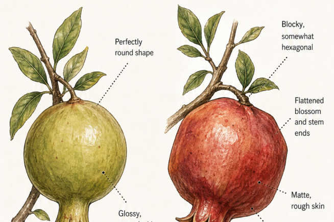 Botanical illustration comparing an unripe round glossy pomegranate to a ripe blocky matte pomegranate.