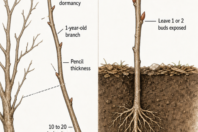 Botanical illustration showing how to take a pomegranate branch cutting and plant it in soil for rooting.