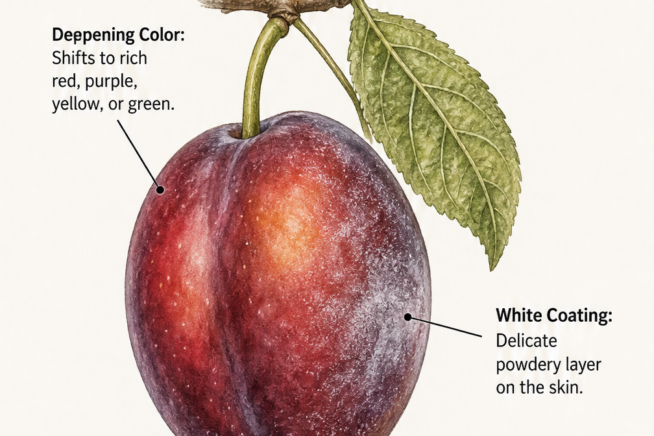 Botanical illustration of a ripe plum showing deepening color, white powdery coating, and a soft tip.