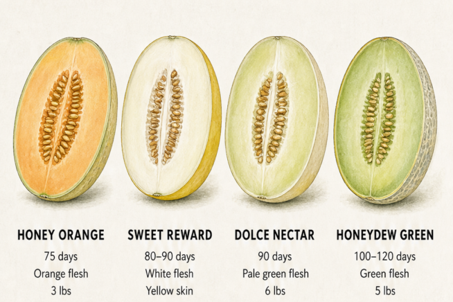 Botanical illustration of a honeydew melon on the vine with labels pointing out signs of ripeness like blossom end, rind, shape, scent, and stem.