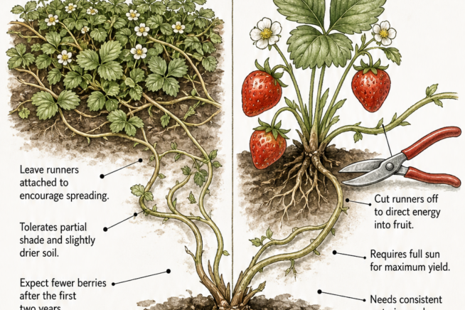 Comparative botanical drawing showing ground cover strawberry care versus fruit-focused care, highlighting runner management and sunlight needs.