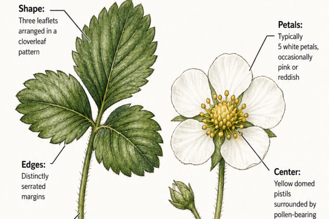 Close-up botanical sketch of a strawberry leaf and a white strawberry flower with yellow center.