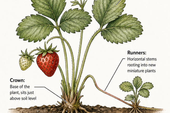 Botanical cross-section illustration of a strawberry plant showing roots, crown, leaves, and runners.