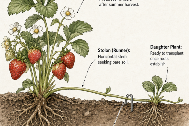 Botanical cross-section illustration showing a strawberry plant reproducing via a runner, with a daughter plant pegged to the soil.