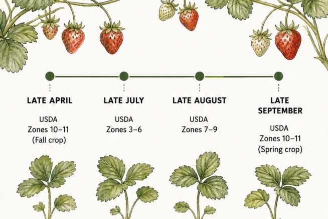 Timeline showing when to transplant strawberries based on USDA zones, from late April to late September.