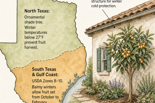 Botanical illustration showing Texas loquat growing zones and ideal microclimate placement near a house.