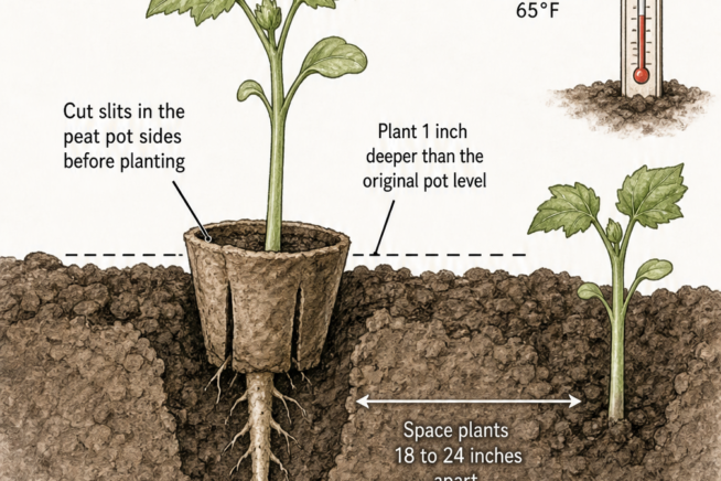 Cross-section illustration of an okra seedling transplanted in a peat pot, showing the undisturbed taproot and proper planting depth.